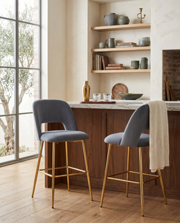 Modern Velvet Bar Stool with Open Cutout Back & Tapered Gold Legs