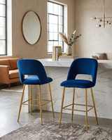 Modern Velvet Bar Stool with Open Cutout Back & Tapered Gold Legs