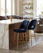 Modern Velvet Bar Stool with Open Cutout Back & Tapered Gold Legs