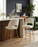 Modern Velvet Bar Stool with Open Cutout Back & Tapered Gold Legs