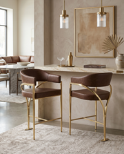 BS304L Architectural Leathaire Bar Stool with Sweeping Gold Metal Armrests