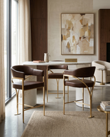 BS304L Architectural Leathaire Bar Stool with Sweeping Gold Metal Armrests