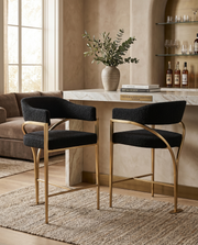 Architectural Boucle Bar Stool with Sweeping Gold Metal Armrests