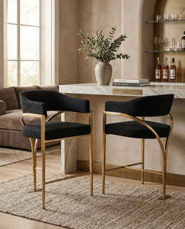 Architectural Boucle Bar Stool with Sweeping Gold Metal Armrests