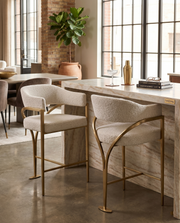 Architectural Boucle Bar Stool with Sweeping Gold Metal Armrests