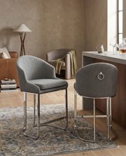 Tailored Boucle Bar Stool with Pleated Back & Decorative Ring Pull
