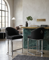 Tailored Boucle Bar Stool with Pleated Back & Decorative Ring Pull