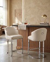 Tailored Boucle Bar Stool with Pleated Back & Decorative Ring Pull