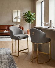 Tailored Teddy Fabric Bar Stool with Pleated Back & Decorative Gold Ring Pull