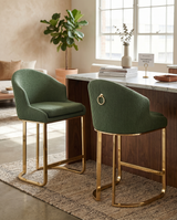 Tailored Teddy Fabric Bar Stool with Pleated Back & Decorative Gold Ring Pull