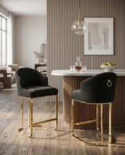 Tailored Teddy Fabric Bar Stool with Pleated Back & Decorative Gold Ring Pull