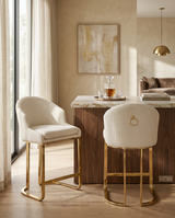 Tailored Teddy Fabric Bar Stool with Pleated Back & Decorative Gold Ring Pull