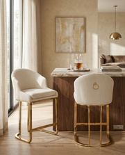 Tailored Teddy Fabric Bar Stool with Pleated Back & Decorative Gold Ring Pull