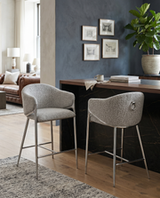 Architectural Boucle Barrel Bar Stool with Sculptural Chrome Frame