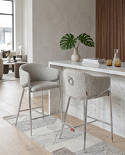 Architectural Boucle Barrel Bar Stool with Sculptural Chrome Frame