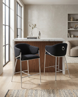 Architectural Boucle Barrel Bar Stool with Sculptural Chrome Frame