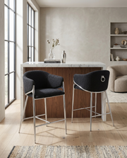 Architectural Boucle Barrel Bar Stool with Sculptural Chrome Frame