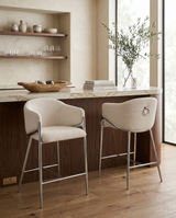 Architectural Boucle Barrel Bar Stool with Sculptural Chrome Frame