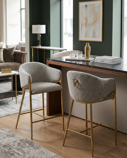 Architectural Boucle Barrel Bar Stool with Sculptural Gold Frame & Ring Pull