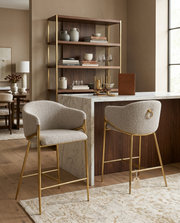 Architectural Boucle Barrel Bar Stool with Sculptural Gold Frame & Ring Pull