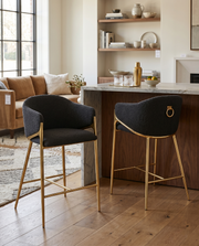 Architectural Boucle Barrel Bar Stool with Sculptural Gold Frame & Ring Pull