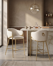 Architectural Boucle Barrel Bar Stool with Sculptural Gold Frame & Ring Pull