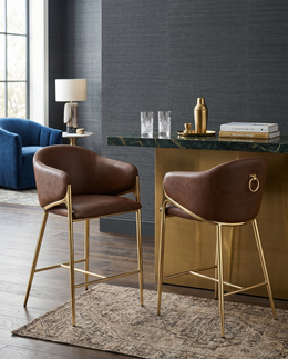 Mid-Century Leathaire Bar Stool with Slatted Gold Back & Padded Arms