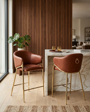 Mid-Century Leathaire Bar Stool with Slatted Gold Back & Padded Arms