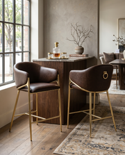Architectural Leathaire Barrel Bar Stool with Sculptural Gold Frame & Ring Pull
