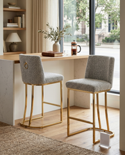 Modern Armless Boucle Bar Stool with Curved Gold Sled Base