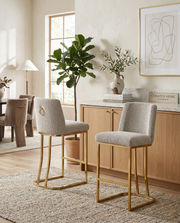 Modern Armless Boucle Bar Stool with Curved Gold Sled Base