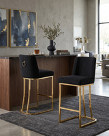 Modern Armless Boucle Bar Stool with Curved Gold Sled Base