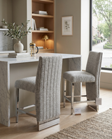 Luxury High Back Boucle Bar Stool with Nailhead Trim & Chrome Base