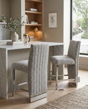 Luxury High Back Boucle Bar Stool with Nailhead Trim & Chrome Base