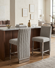 Luxury High Back Boucle Bar Stool with Nailhead Trim & Chrome Base