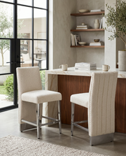 Luxury High Back Boucle Bar Stool with Nailhead Trim & Chrome Base