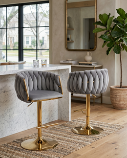 BS94 Modern Woven Velvet Swivel Bar Stool with Adjustable Gold Pedestal Base