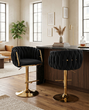 BS94 Modern Woven Velvet Swivel Bar Stool with Adjustable Gold Pedestal Base