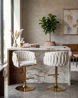 BS94 Modern Woven Velvet Swivel Bar Stool with Adjustable Gold Pedestal Base
