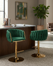 BS94 Modern Woven Velvet Swivel Bar Stool with Adjustable Gold Pedestal Base