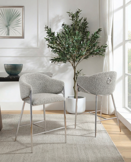CH450 Architectural Boucle Barrel Counter Height Bar Stool with Sculptural Chrome Frame & Footrest