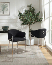 CH450 Architectural Boucle Barrel Counter Height Bar Stool with Sculptural Chrome Frame & Footrest