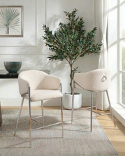 CH450 Architectural Boucle Barrel Counter Height Bar Stool with Sculptural Chrome Frame & Footrest