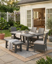 D1000 Modern Aluminum Patio Dining Collection with Polywood Top and PE Wicker Chairs