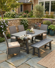 D1000D6 Outdoor Patio Dining Set with Bench and Chairs, All-Weather Polywood Table & Gray PE Wicker Seating, Rust-Proof Aluminum Frame