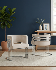 AC220 Modern Velvet Barrel Accent Chair with [Gold Chrome / Chrome] Wrap-Around Frame, Deep Seat Upholstered Tub Chair for Living Room & Vanity