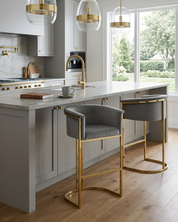 BS210 Modern Velvet Barrel Bar Stool with Polished Gold Sled Base