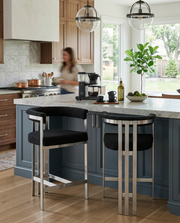 BS380 Architectural Boucle Bar Stool with Matte Brushed Flat-Strap Frame & Floating Back