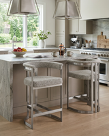 BS380 Architectural Boucle Bar Stool with Matte Brushed Flat-Strap Frame & Floating Back