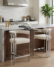BS380 Architectural Boucle Bar Stool with Matte Brushed Flat-Strap Frame & Floating Back